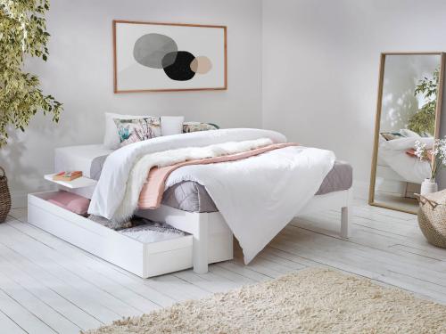 warm white space saver platform bed without headboard